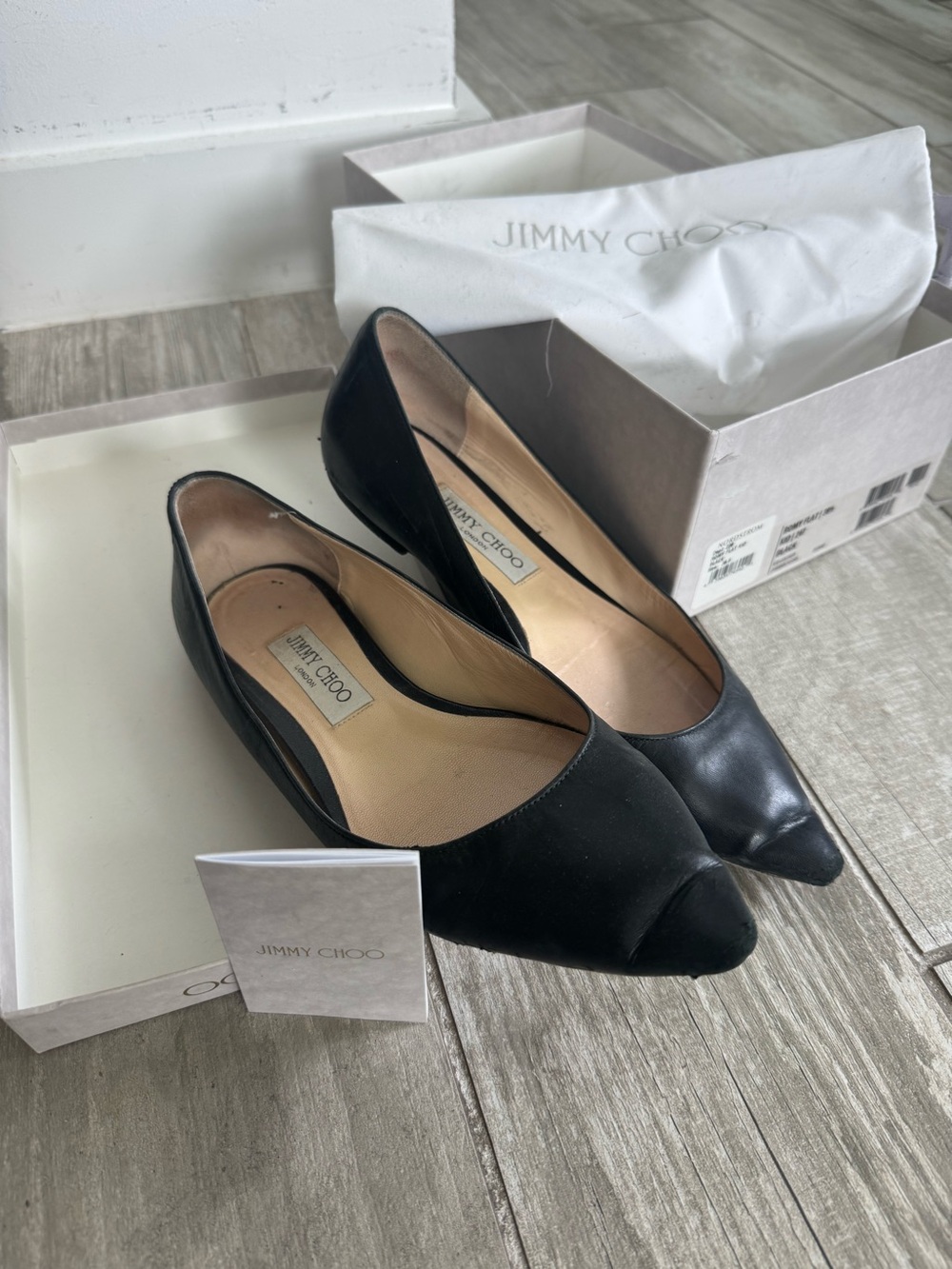 Jimmy Choo Romy Black Leather Pointed Toe Flats 38.5